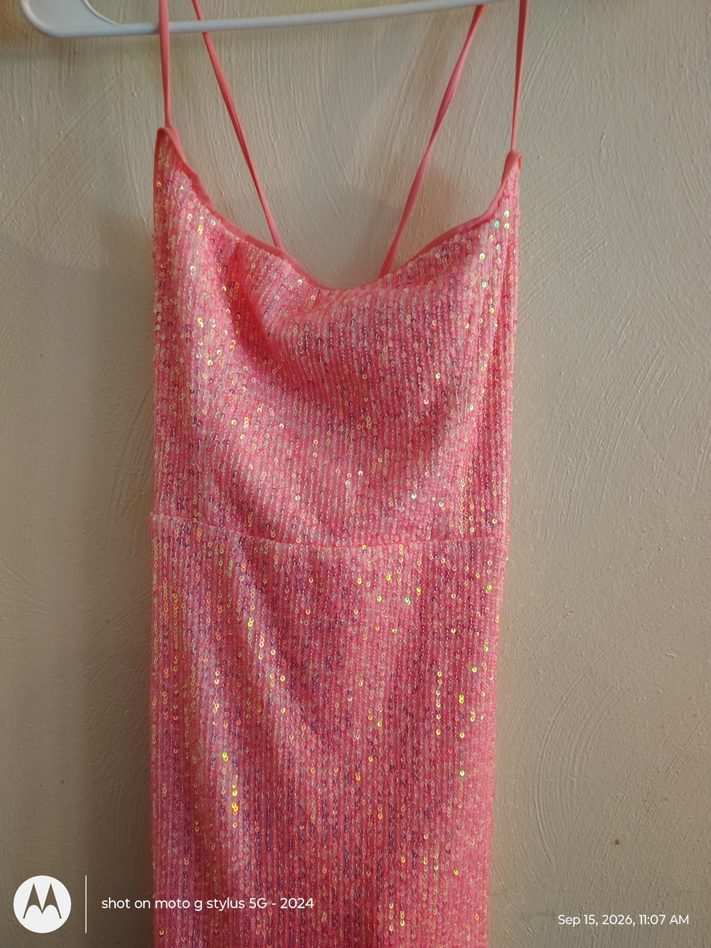 Lulus Women's Sequin Mesh Bodycon Mini Dress Coral pink Lace-Up Back Size M